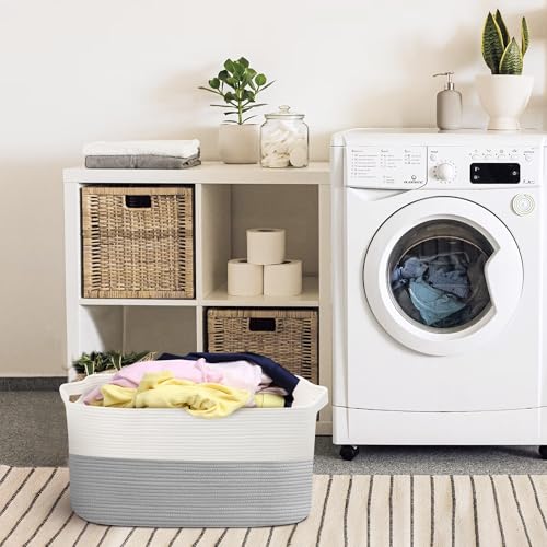 MEGASKET Extra Large Laundry Basket, Rectangle Woven Cotton Rope Storage Basket with Handles, Wicker Laundry Hamper, Farmhouse Storage Bin for Blankets Clothes Toys, Grey, 22" x 17" x 12" - color: White & Gray