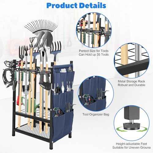 Garden Tool Rack Freestanding, Heavy Duty Garden Tool Organizer, 3-tier Tool Rack, Multifunctional Yard Tool Storage with Hooks and Storage pockets for Outdoor Long-Handled Broom Shovel Rake