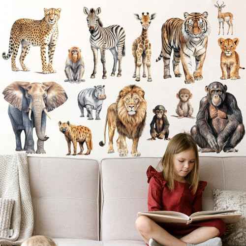 AM AMAONM Removable 3D Nature Jungle Wild Animals Wall Stickers DIY Peel and Stick Safari Tiger Lion Elephant Wall Decals Aniaml Wall art Decor for Kids Baby Bedroom Nursery Living Room (Anaiml Party)
