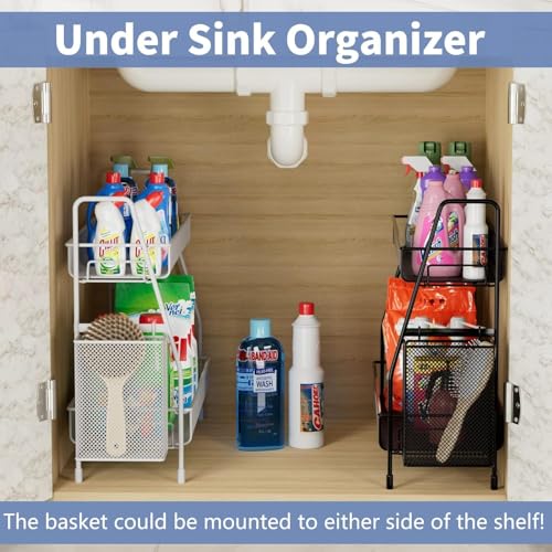 EKNITEY Bathroom Countertop Organizer Shelf - 3 Tier Counter Spice Rack Metal Makeup Rack Small Coffee Station Organizer for Sink/Bedroom/Living room/Kitchen/Office - color: Black with Basket