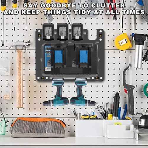 FETESNICE Metal Charger Mount for Makita Battery Holder and DC18RC DC18RD Charger,Stable for Makita Wall Mount Charger,1-4-Slot Battery Storage Rack for Makita,Order in Workspace and Garage
