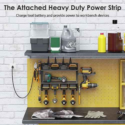 CCCEI Modular Power Tool Organizer Wall Mount Charging Station, Black 6 Drills Holder with 8 Plug Power Strip 10FT, Garage Drill Battery Heavy Duty Metal Shelf, Utility Rack with Hooks, Side Storage.