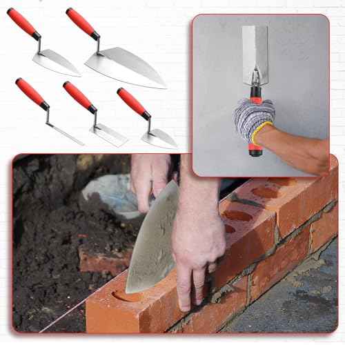Lasnten 6 PCS Masonry Hand Tool Set 11" x 5-1/2" Philadelphia Brick Trowel 2 Pointing Trowel 5 x 2'' Margin 1/2" Tuck 5/8'' x 1/2'' Convex Brick Jointer Soft Grip Handle Concrete Towel Tool Finishing