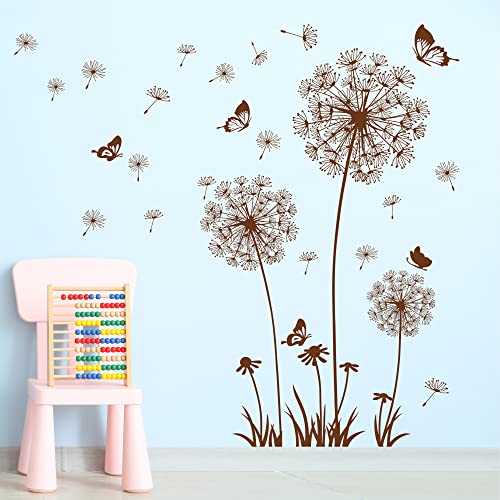 Removable 3D Dandelion Wall Decals Flowers and Flying Butterfly Wall Stickers Murals Self-adhesive Peel and Stick Falling Dandelions Decor for Girls Bedroom Living Room Nursery Baby Children's
