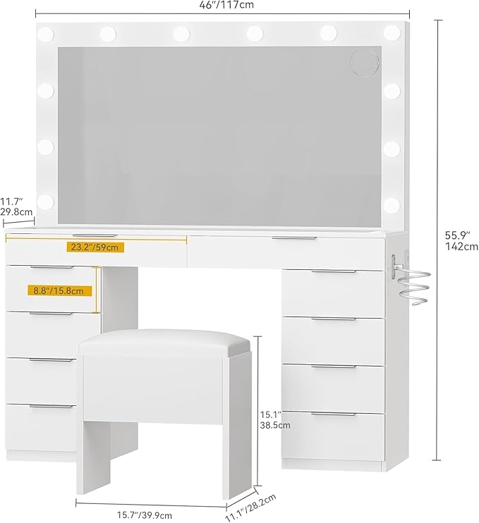 DWVO 46'' Glass Top Makeup Vanity with 10 Drawers, Vanity Desk Set with Large LED Mirror, Built-in Charging Station & Cushioned Storage Chair, Dressing Table with 3-Color Light Modes, Cream White