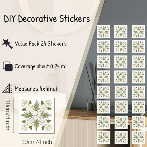 AMAZINGWALL Home Kitchen Backsplash Tile Squares Maile Leaf & Pikake Lei Peel and Stick Waterproof Bathroom Countertop Self Adhesive Decoration Mural Wall Sticker 4x4/pcs 24PCS