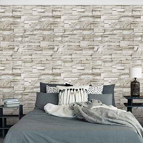 WENMER Beige Stone Peel and Stick Wallpaper 17.7" x 118" 3D Wallpaper Faux Brick Wallpaper Textured Stone Wall Paper Brick Self Adhesive Removable Wallpaper for Kitchen Backsplash Walls
