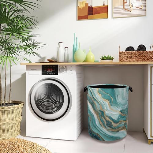 Blue Green Gold Marble Laundry Basket,Foldable with Handles Tote Bag Oxford Cloth for Bathroom Bedroom Dirty Clothes Storage Bucket 16" x 20.8" - color: Blue Green Gold Marble