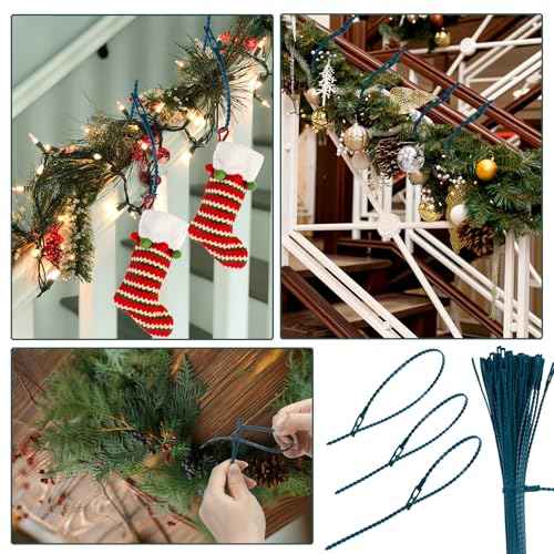50pcs Christmas Garland Ties Green Banister Twist Ties Flexible Self Locking Nylon Strap 15.7Inch Adjustable Garland Hanger Decorative Holiday Wreath Hanger for Christmas Lights Wreath Making Stairway
