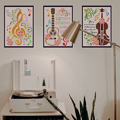 FINGERINSPIRE 3PCS Music Notes Stencil Set - 8.3x11.7 inch Plastic PET Stencil for Guitar, Cello, Musical Score, Furniture, Wall, Floor