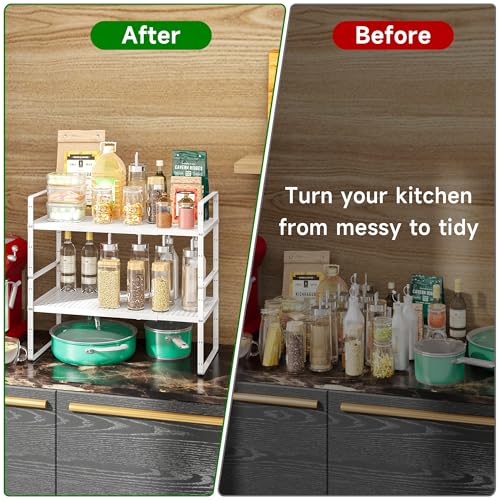 Expandable Kitchen Cabinet Shelf Organizer Rack Heavy Duty Metal Spice Rack Stackable Kitchen Counter Storage Shelf for Cabinet Pantry Bathroom (White- 16.5"-27" L x 8" W x 9.6" H - 1Pack) - color: White- 16.5"-27" L X 8" W X 9.6" H - 1pack