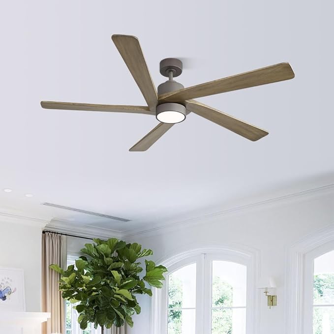 WINGBO 64 Inch DC Ceiling Fan with Lights and Remote Control, 5 Reversible Carved Wood Blades, 6-Speed Noiseless DC Motor, Modern Ceiling Fan in Graphite Finish with Gray Blades, ETL Listed