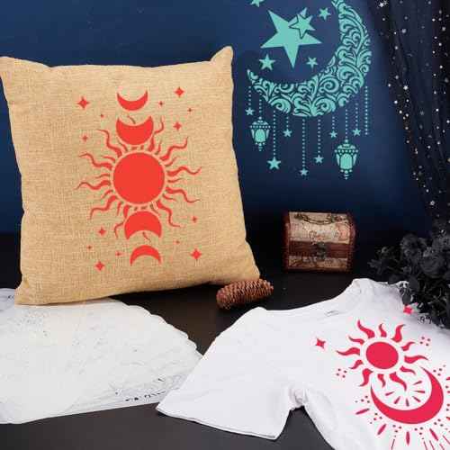 INFUNLY 9PCS/Set Sun Moon Wall Stencils for Painting 12x8 Mandala Tile Stencil Large Flower Star Concrete Floor Stencils Reusable Drawing Template for Painting Wood Canvas Furniture Patio Home Decor