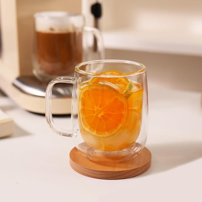 CNGLASS Glass Coffee Mugs 12oz,Double Wall Insulated Mug Set with Handle,Clear Glass Espresso Mugs for Latte,Cappuccino,Tea Bag,Hot and Cold Beverages,Set of 4