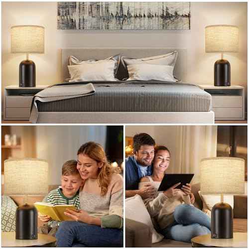 Bedside Lamps with USB C+A Charging Ports, Table Lamp Touch Control 3-Way Dimmable Modern Lamp for Bedroom Lamps for Night Stands with Fabric Shade for Living Room Office Dorm (LED Bulbs Included)