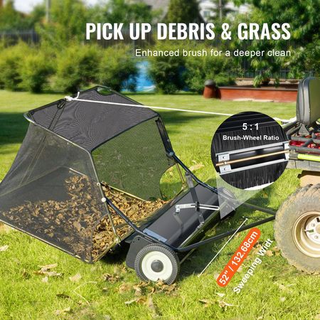 52-inch Lawn Sweeper Tow Behind, 26 cu.ft. Large Pull Behind Grass Sweeper, Heavy Duty Leaf & Grass Collector with Dumping Rope Design, Adjustable Sweeping Height for Picking Up Debris & Grass