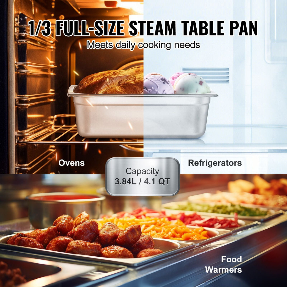 6 Pack Hotel Pans, 1/3 Size Anti-Jam Steam Pan, 0.8mm Thick Stainless Steel Restaurant Steam Table Pan, 4-Inch Deep Commercial Table Pan, Catering Storage Food Pan, for Industrial & Scientific