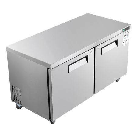 60" W Commercial Freezer, 14.8 Cu.Ft Worktop Freezers Undercounter with LED Auto Lighting and Lockable Door, 2 Doors Food Freezing Prep Worktable, Stainless Steel Prep Frozen Table with Casters