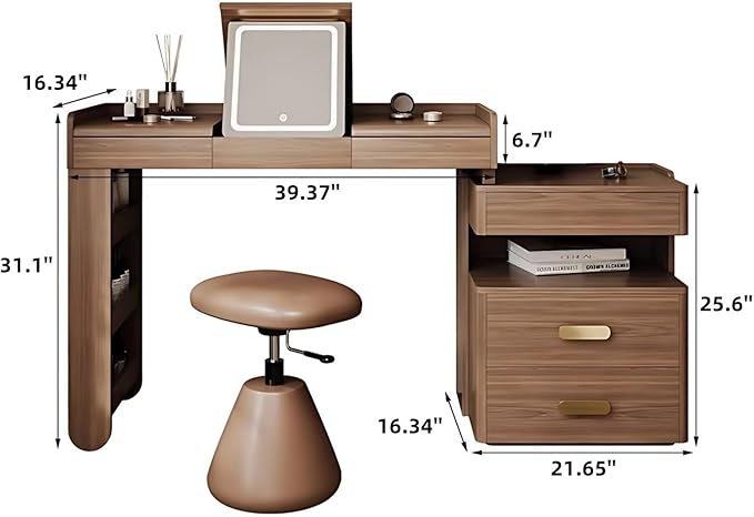 Mid Century Makeup Vanity - Solid Wood Vanity Set with Adjustable Makeup Stool and 5 Drawers, Storage Table Leg, Dressing Table Include Flip Makeup Mirror for Bedroom (Walnut Color,39'')