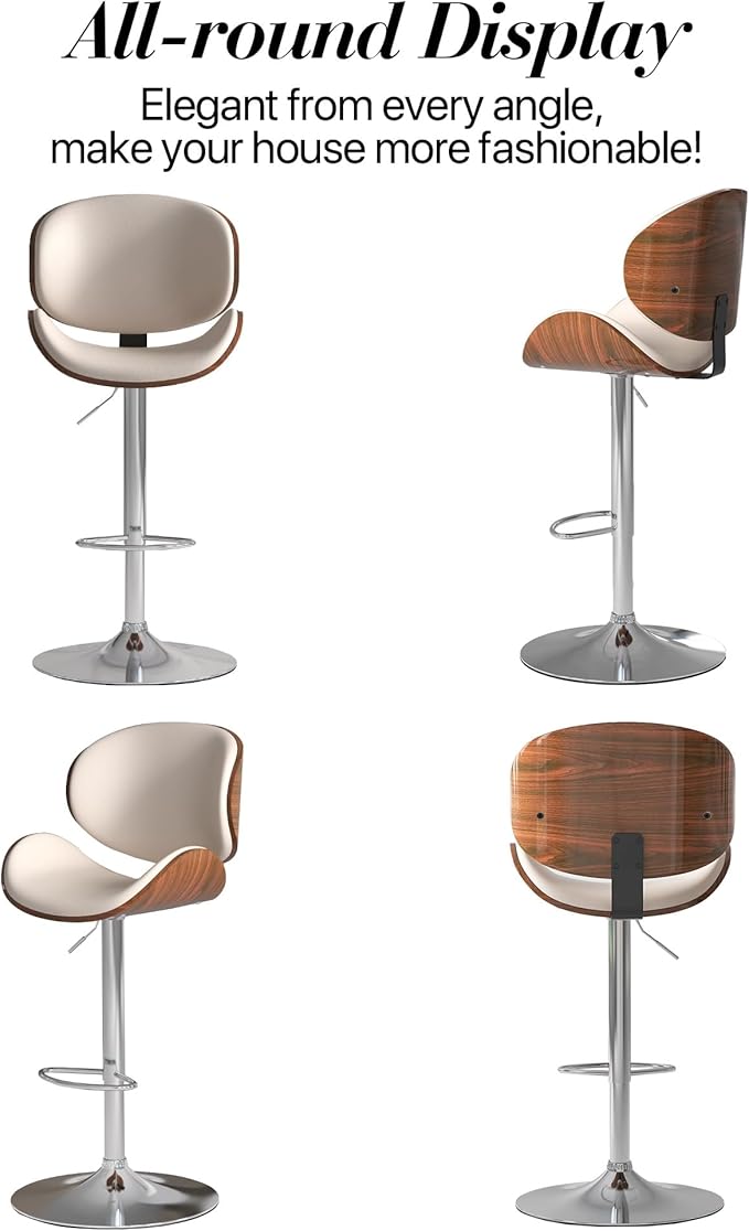 Adjustable Swivel Bar Stools Set of 2, Modern Bentwood Barstool with Large Metal Base and Footrest, PU Leather Upholstered Bar Chair with Curved Back for Kitchen Island Dining Room, White