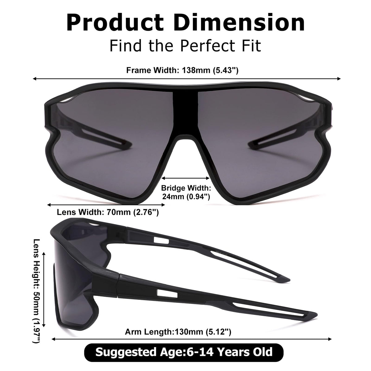 GLARDEFE Kids Baseball Sunglasses - Youth Baseball Sunglasses for Boys Girls - Sports Softball Shades Age 6-14(Black/Grey)