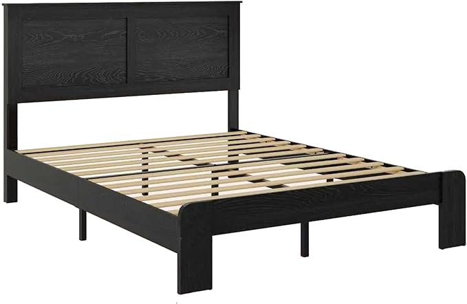 Full Size Bed Frame, Rustic Vintage Platform Bed Frame with Wood Headboard and Footboard, 12 Wood Slats Support, No Box Spring Needed (Black, Full)