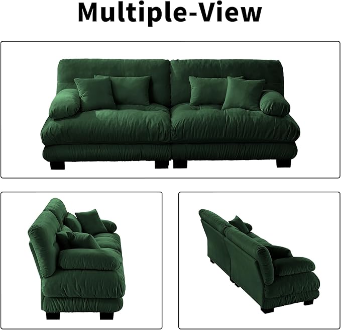 94.4” Oversized Loveseat Sofa, 2 Seater Modular Sectional Sofa, Green Large Sectional Couches for Living Room, Fluffy Chenille Fabric Cloud Couch with 4 Pillows, Deep Seat Sofas