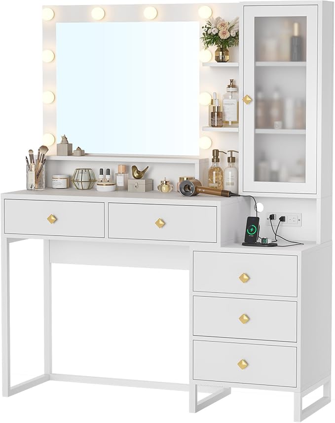 Tiptiper Makeup Vanity Desk with Mirror and Lights & Charging Station, White Vanity Table with 5 Storage Drawer & Glass Door & 3 Shelves for Bedroom, Modern White