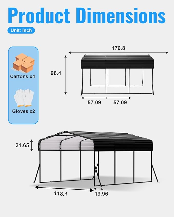 10x15FT Metal Carport, Heavy Duty Carport with Reinforced Frame & Side Support Poles for All-Weather, Outdoor Car Port Suitable for Parking Pickup, Boat, Car, and Tractor