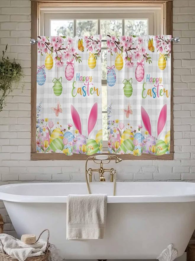 Happy Easter Kitchen Curtains 45 Inches length, Spring Watercolor Bunny Eggs
