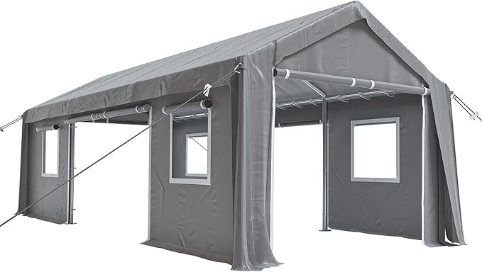 12x20ft Heavy Duty Carport Outdoor Canopy Portable Garage with 4 Doors & 4 Windows Waterproof UV Resistant Storage Shelter with Removable Sidewalls for Car Truck Boat, Gray