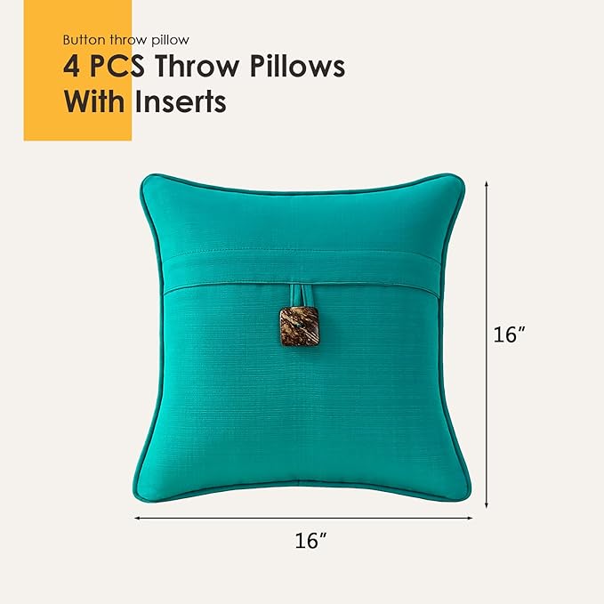 Outdoor Decorative Pillows with Coconut Button Pack of 4, 16" x 16" Outdoor Pillow Set for Couch Bed Throw Patio Sofa, Peacock Blue
