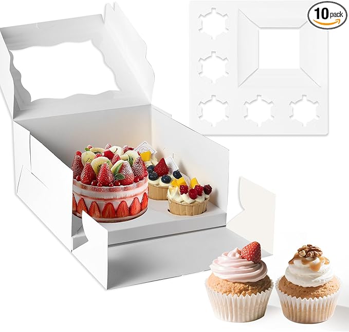 CHENZEM 10 Packs Bento Cake and Cupcake Box 3 Holes Fit 2 Cupcakes and 1 Mini Cake Box with Clear Window and Stickers for Father ‘s Day Birthday Party Bakery Baking Supplies. (1+2/10pcs)
