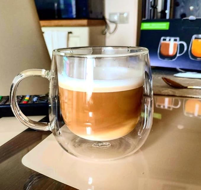 CNGLASS 12oz Double Walled Glass Coffee Mugs(2-pack),Clear Coffee Cups with Handle,Glass Espresso Mugs for Latte,Cappuccino,Tea