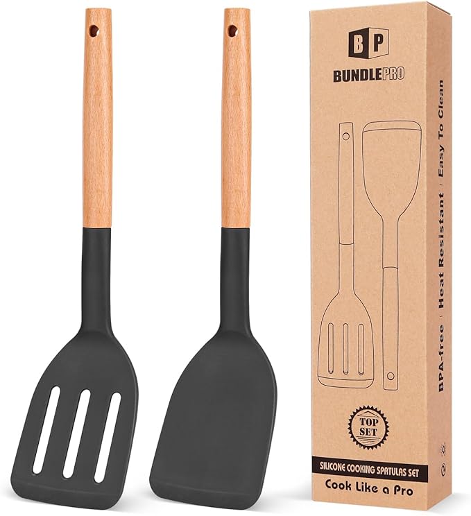 Pack of 2 Silicone Cooking Spatula, Heat Resistant Solid Turner, Non Stick Slotted Spatulas with Wooden Short Handle,Ideal Wood Kitchen Utensils Set for Frying, Baking, Flipping, Turning