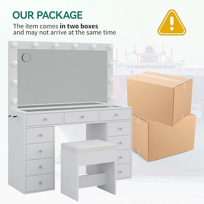 Vanity Desk with Power Outlet, Makeup Vanity with Mirror and 12 LED Lights, 3 Lighting Modes,11 Drawers Vanity Table with Chair, Glass Top, Dressing Table for Bedroom,Dressing Room, White