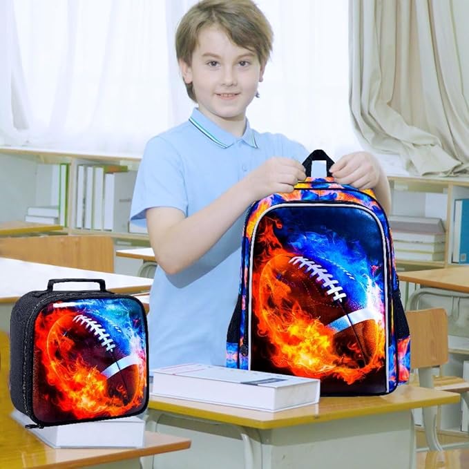 KLFVB 3PCS Kids Bookbag, 17" Boys Backpack and Lunch Box, Water Resistant Teenagers School Bag for Middle Elementary - Flame Rugby