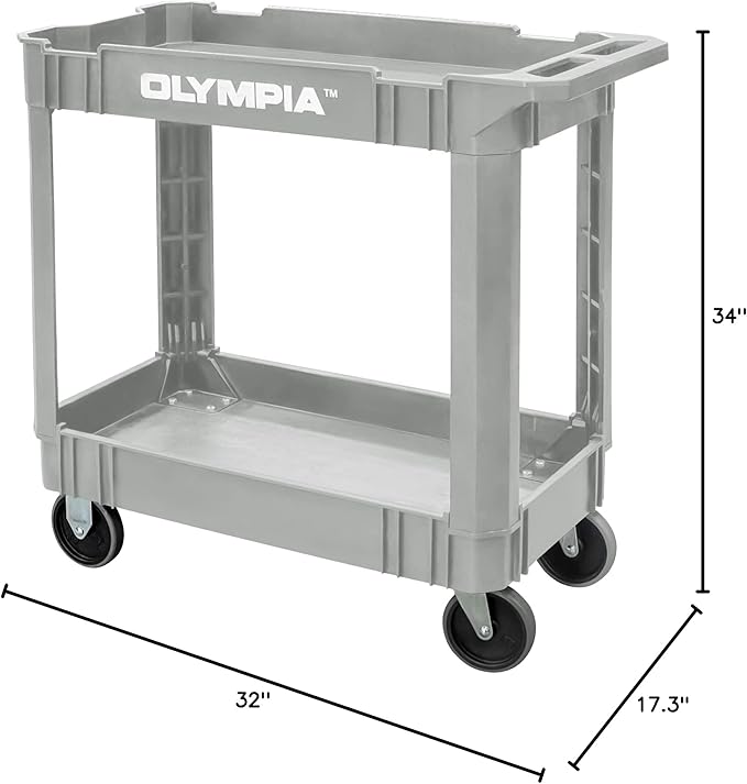Olympia Tools 2-Shelf Plastic Utility Cart - Supports Up to 500 lbs, Ergonomic Handle - Heavy Duty Plastic Utility Cart - Great for Warehouse, Garage, Manufacturing, Cleaning (Grey)