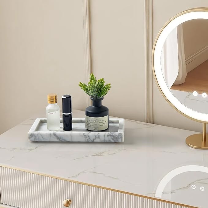 Natural Small Marble Vanity Tray, Luxury Stone Organizer for Bathroom & Kitchen | Holds Soap Dispenser, Jewelry, Perfume | Non-Resin, Non-Ceramic Décor