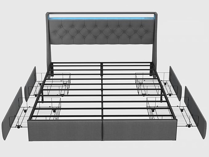 SADENICEL Queen Bed Frame with Storage Headboard, Metal Platform Bed Frame Queen Size with 4 Drawer, LED Light, Charging Station, No Box Spring Needed, Noise Free, Easy Assembly, Grey