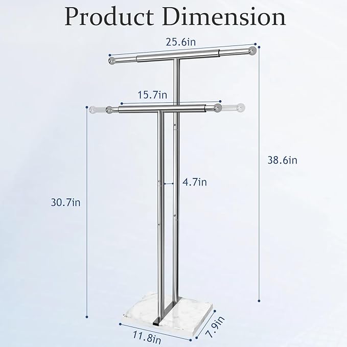 Kayfia 40" Standing Towel Rack with Weighted Marble Base, Width Adjustable & Taller Bathroom Towel Rack Stand, 2-Tier Towel Racks for Bathroom, Multiple Spaces Stainless Steel Brushed Finish