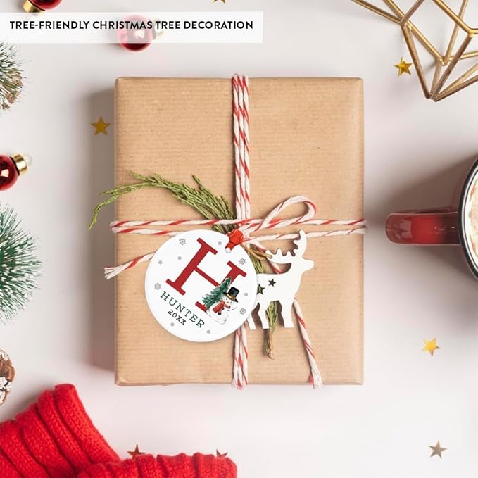 Andaz Press Personalized Ornament, Custom Name, Initial H Monogram Snowman 2.8" Ceramic Porcelain 2025 Christmas Ornament Keepsake for Kids, Boys, Girls, Initial Ornaments Monogram Ornaments 1-Pack