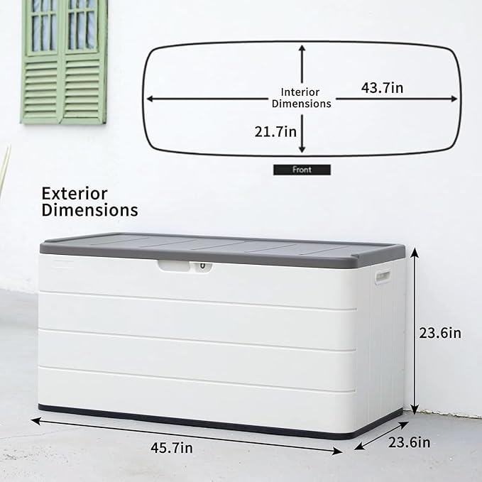 100 GAL Resin Deck Box - Lockable Waterproof Outdoor Storage Bench for Patio Cushions, Garden Tools & Pool Accessories - Wood-Look Texture, White