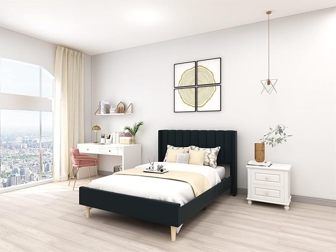 Low Profile Upholstered Platform Bed,Full Beds with Black(Linen)