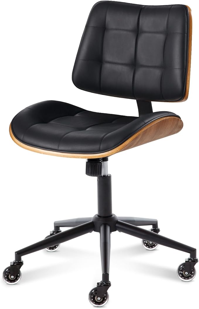 Home Office Desk Chair with Wheels, Adjustable Height Armless Office Chair, PU Leather Mid Back 360° Small Computer Chair, Modern Walnut Chair No Arms for Office, Reading Meeting Room(Black)