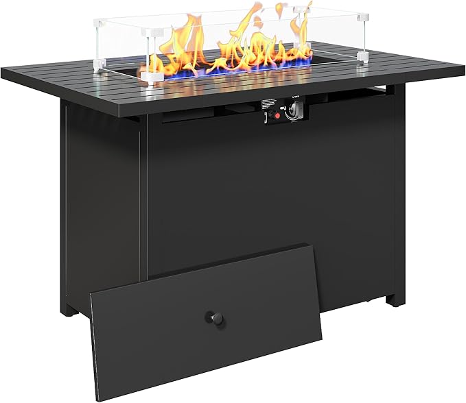FansaFurn 43'' Propane Fire Pit Table, 50000 BTU Gas Fire Pits Table with Removable Lid and Lava Rock, Rectangular Fire Table with Cover, Ideal for Dining or Party on Patio, Garden, Yard, Black