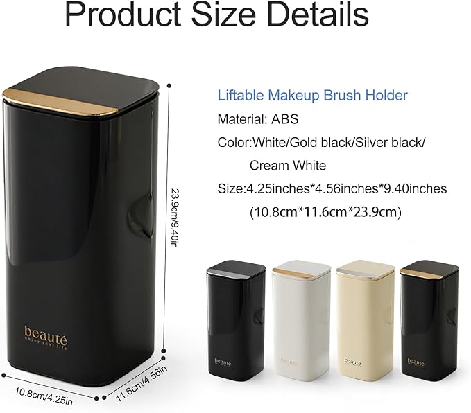 DASITON Makeup Brush Holder with Lid,4 Slots Makeup Brush Organizer,Automatic Lifting Makeup Cosmetics Organizer,for Vanity Decor,Bathroom Countertop,Dustproof Cosmetic Brushes Container(Gold-Black)