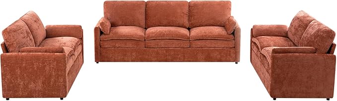 3 Pieces Chenille Sofa Set w/Arm Pillows, Upholstered 2 Pieces Loveseat & 3 Seater Sofa w/Comfortable Back Cushions, Modern 2-Seat & 3-Seat w/High-Density Foam for Living Room, Orange