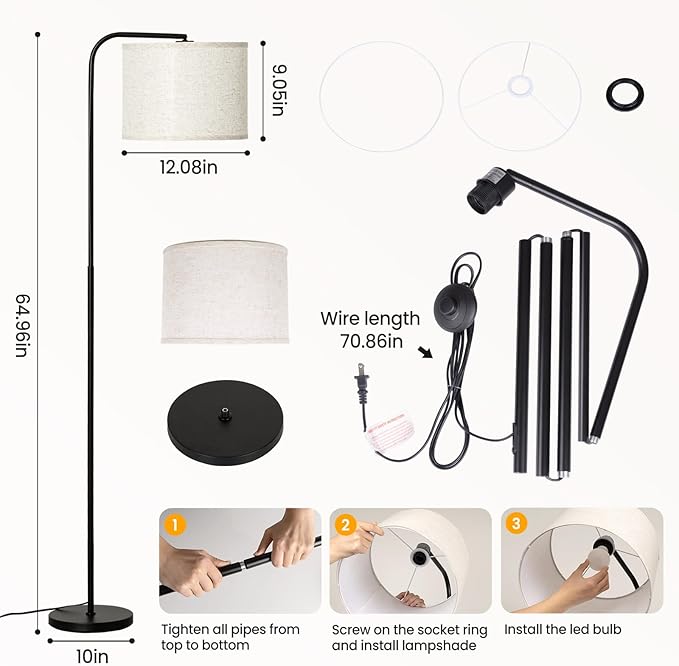 Floor Lamp for Living Room and Bedroom - Modern Standing Lamps Tall with Led Blub and Dimmable Light - Black Arc Room Lights with Shade for Home Decor, Office, Corner and Reading