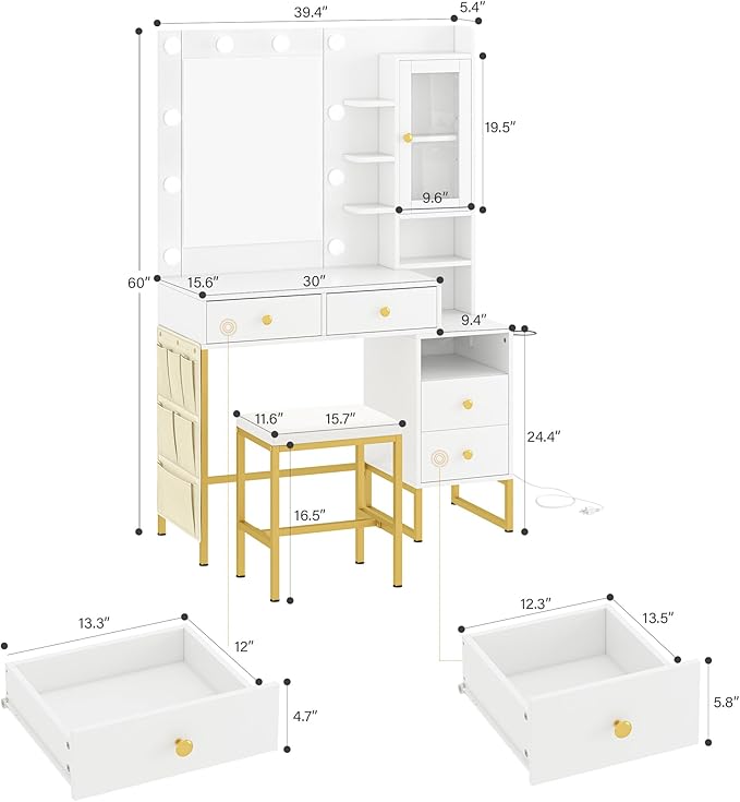 39" W Vanity Desk with Mirror, Makeup Vanity Set with Power Outlet and Comfortable Bench, Big Dressing Table with Lights Mirror and Drawers for Makeup, Modern Vanity for Bedroom White